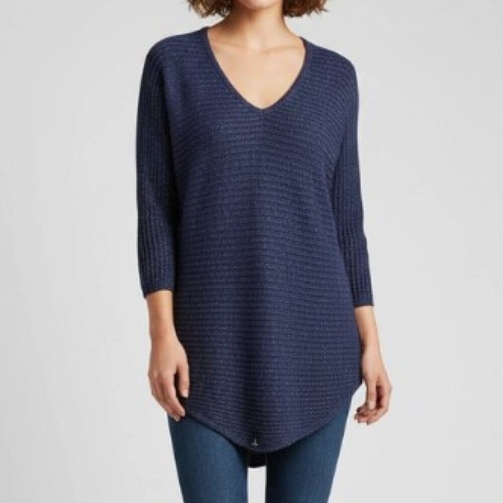 New York & Company SOHO 3/4 Sleeve V-Neck Navy Metallic Small Sweater